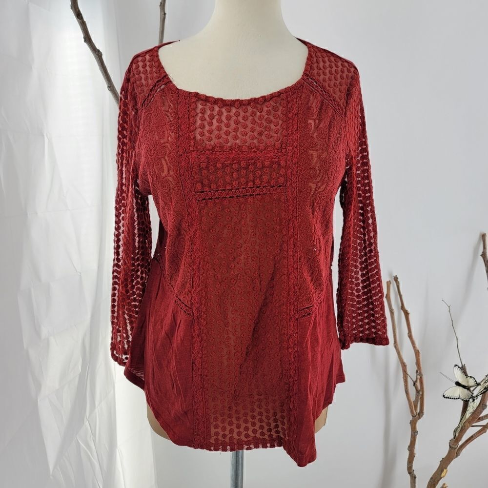 Lucky brand brick red boho top with semi sheer panels